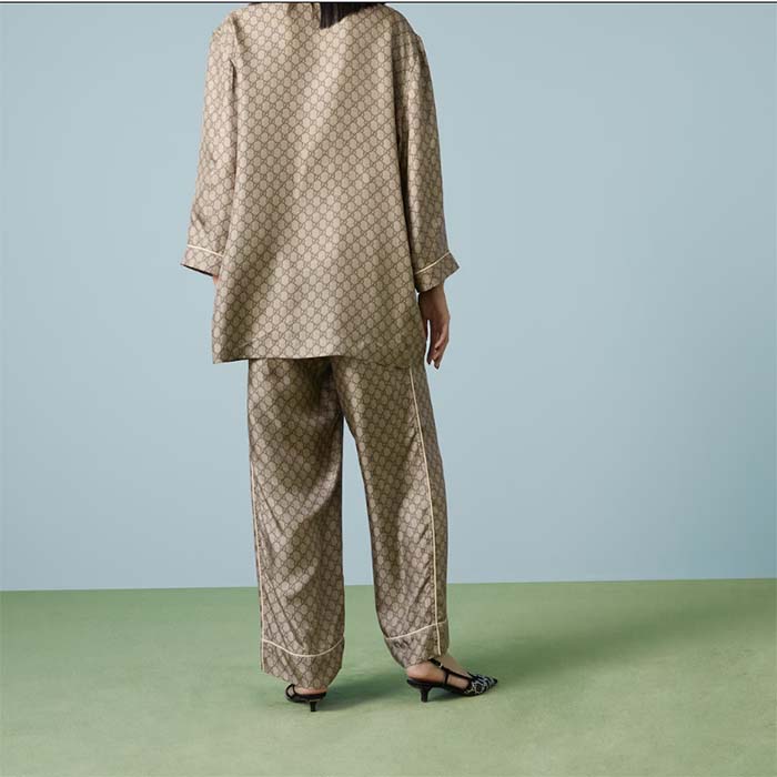 Gucci Men GG Supreme Silk Pant Beige Ebony Piped Unlined Elastic Waist Two Side Pockets Wide Leg