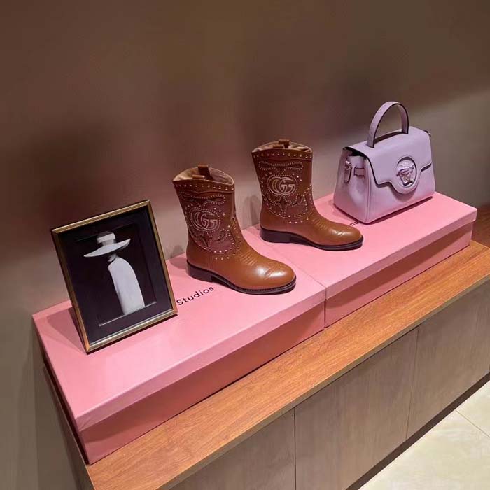 Gucci Women GG Boot Double G Embroidery Studs Brown Leather Low 3.6 CM Heel