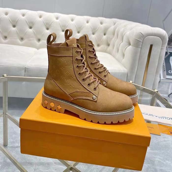 Louis Vuitton Unisex LV Ranger Ankle Boot Beige Nubuck Calf Leather Monogram Denim