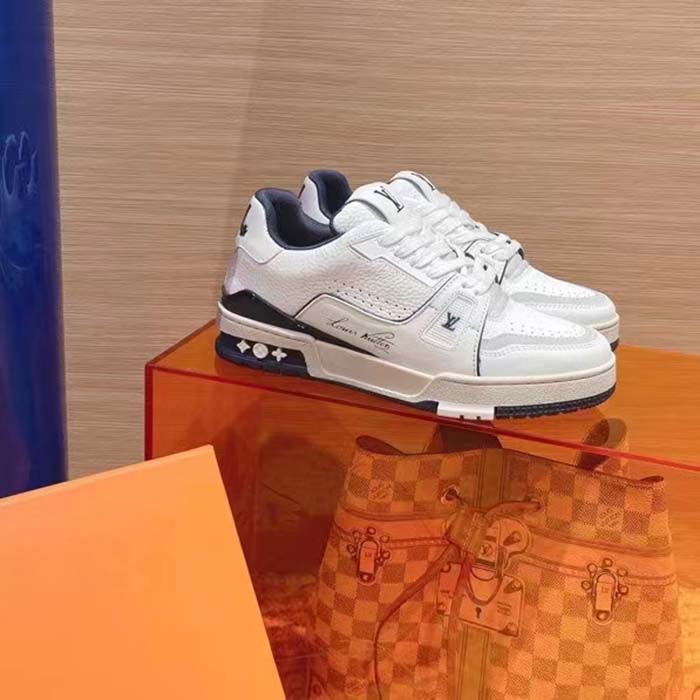 Louis Vuitton Unisex LV Trainer Sneaker Blue Grained Calf Leather Rubber Initials