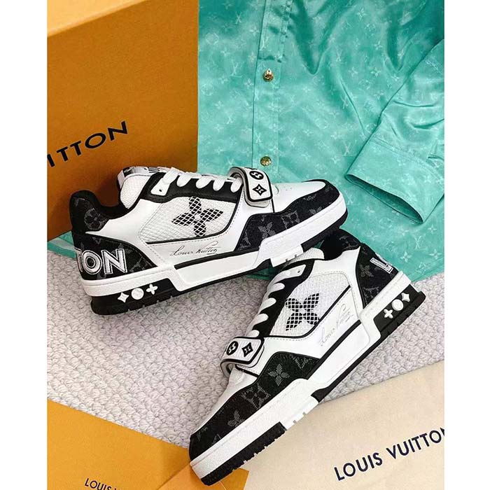 Louis Vuitton LV Unisex Trainer Sneaker Black Monogram Denim Rubber Outsole Monogram Flowers