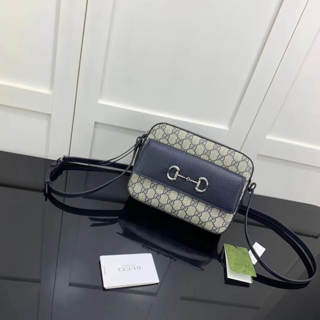 Gucci GG Unisex Horsebit 1955 Small Bag Beige Blue GG Supreme Canvas