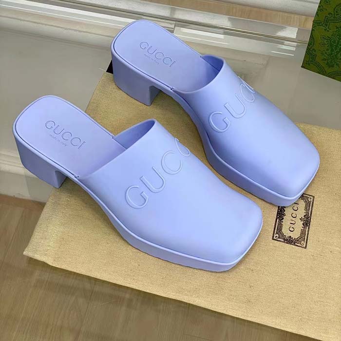 Gucci Women GG Slip-On Sandal Pastel Blue Rubber Embossed Logo Square Toe Chevron