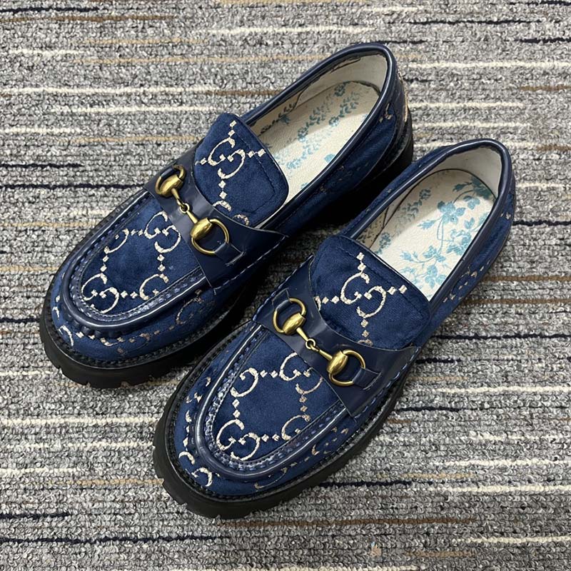 Gucci Men Jordaan GG Velvet Loafer Blue Beige Sole Flat 1.2 Cm Heel