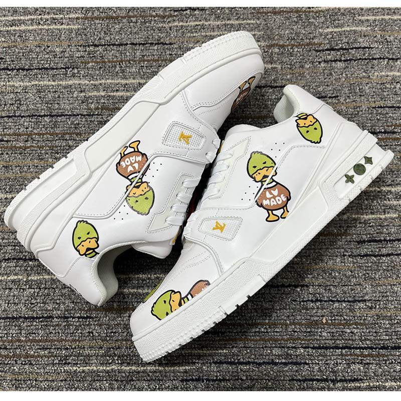 Louis Vuitton Unisex LV Trainer Sneaker White Printed Calf Leather Rubber Monogram Flowers