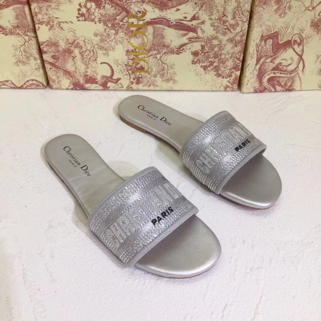 Dior Women CD Shoes Dway Slide Cotton Metallic Thread Embroidery Silver Tone Strass