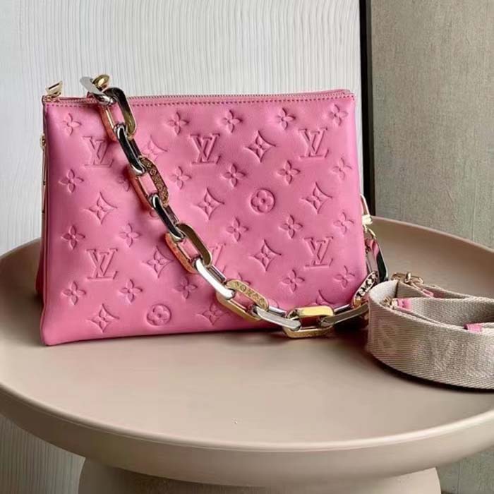Louis Vuitton LV Women Coussin PM Handbag Rose Bonbon Pink Lambskin Cowhide Leather