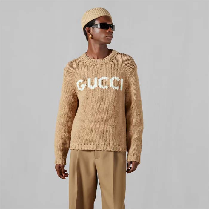 Gucci Men GG Knit Wool Sweater Gucci Intarsia Camel Ivory Crewneck Long Sleeves
