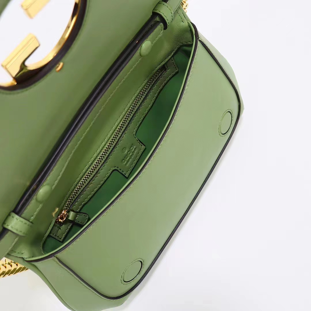 Gucci Women GG Blondie Shoulder Bag Green Leather Round Interlocking G