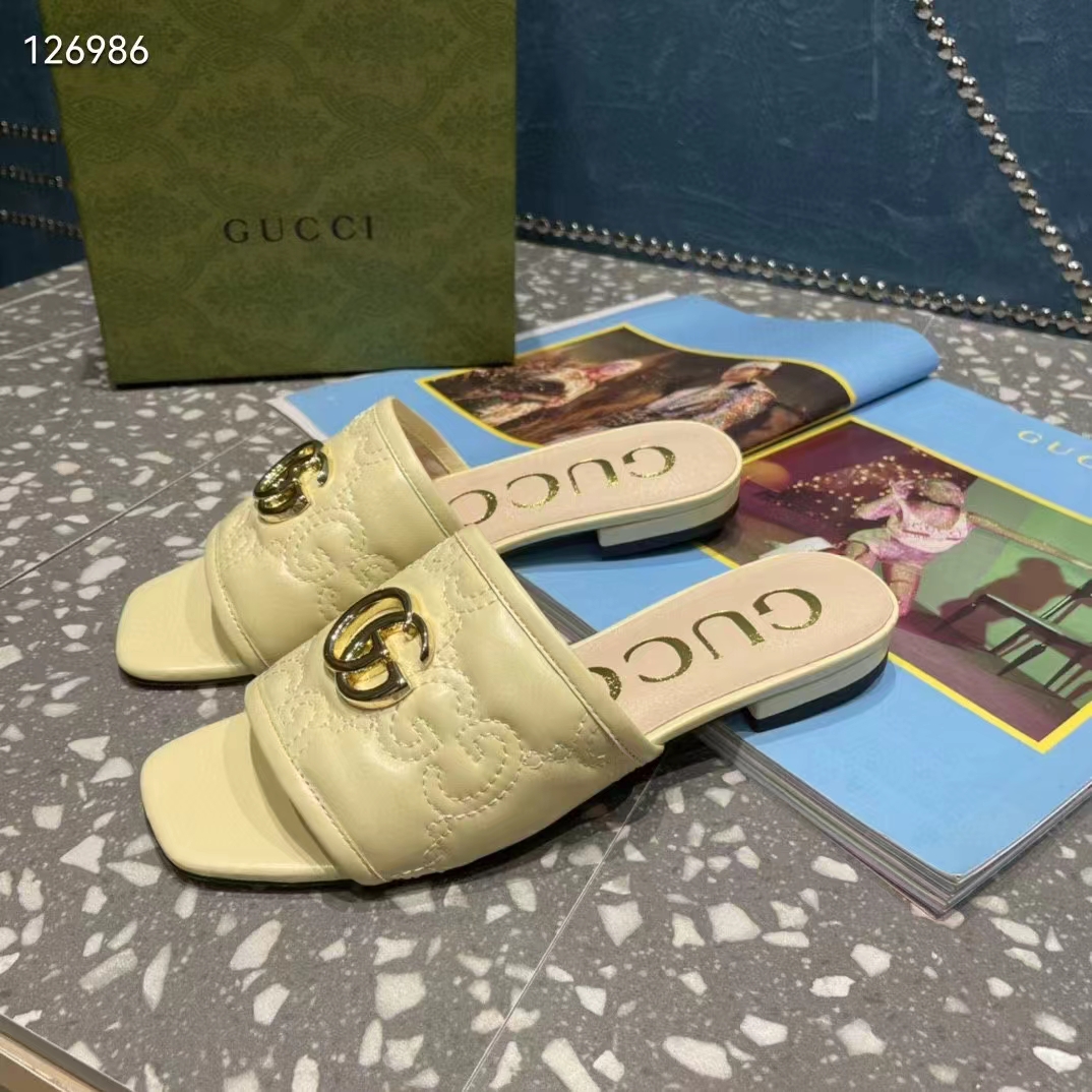 Gucci Women Matelassé Slide Sandal Beige GG Matelassé Leather Square Toe Flat
