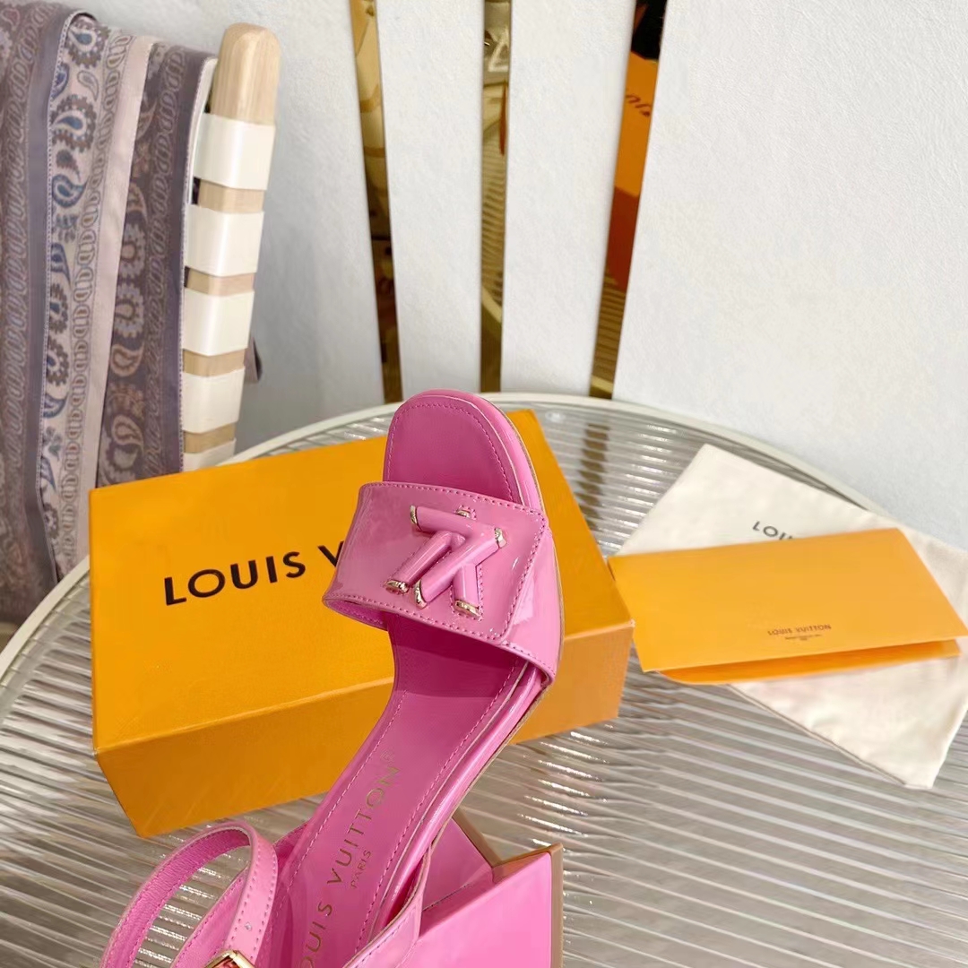 Louis Vuitton LV Women Shake Sandal Pink Patent Calf Leather 9.5 Cm Heel