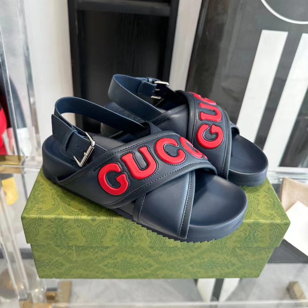 Gucci Unisex GG Gucci Sandal Smooth Blue Red Leather Script Rubber Buckle Flat
