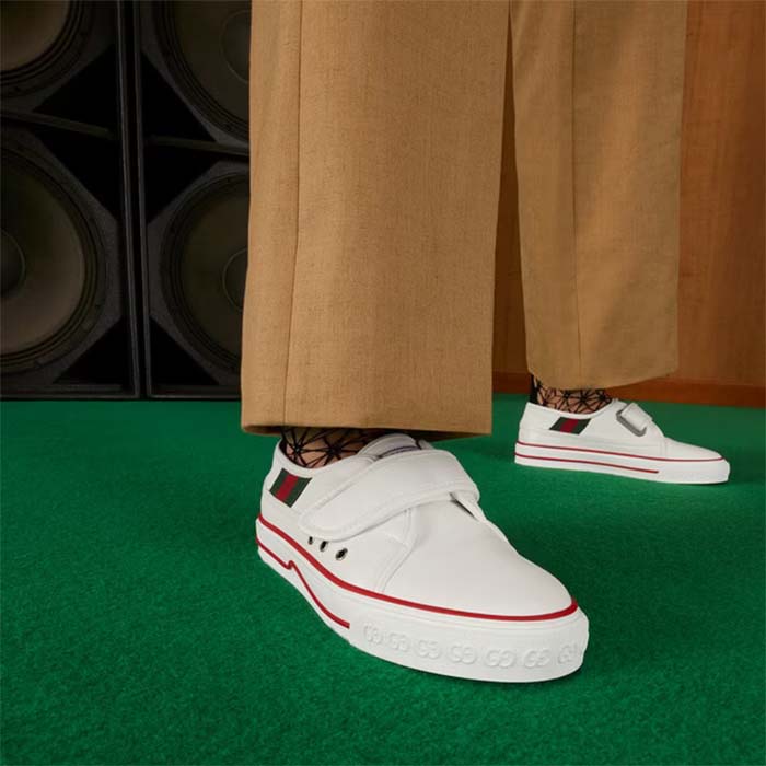 Gucci Unisex GG Tennis 1977 Sneaker White Leather Rubber Sole Velcro Closure Flat