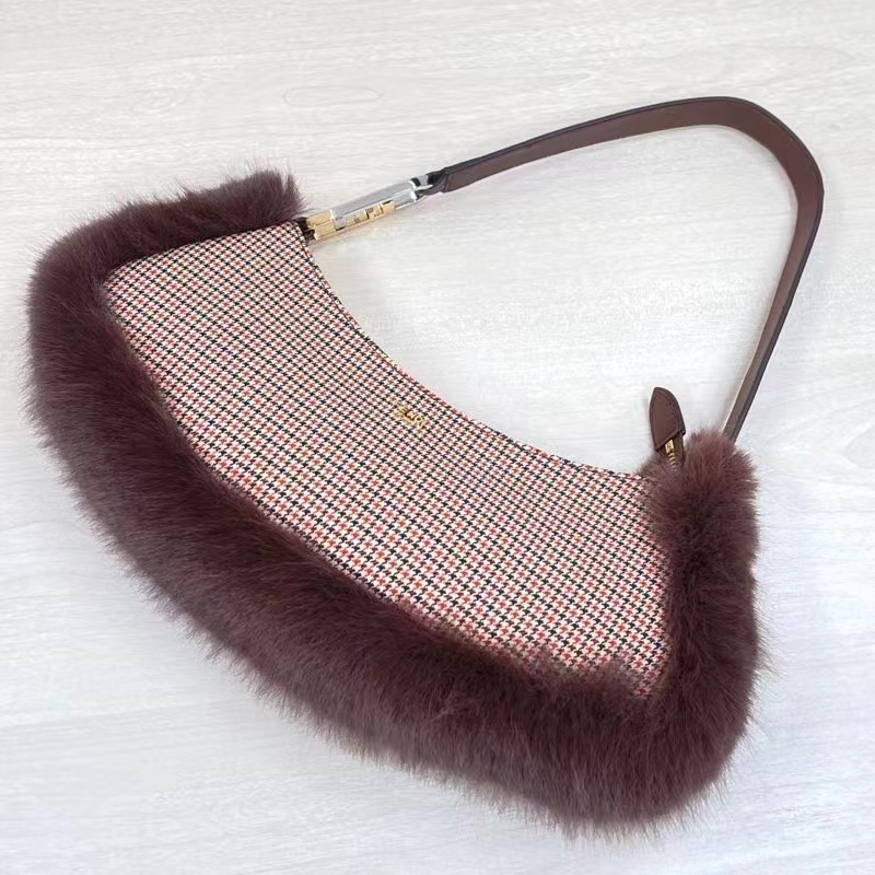 Fendi Women FF O’Lock Swing Brown Houndstooth Wool Fox Fur Pouch