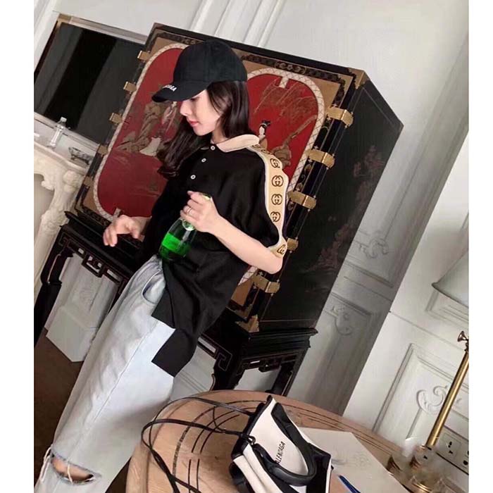 Gucci GG Women Polo with Interlocking G Stripe Black Cotton