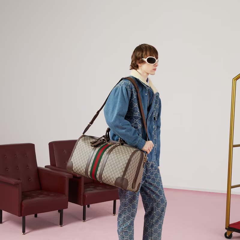 Gucci Unisex Savoy Large Duffle Bag Beige Ebony GG Supreme Canvas Double G