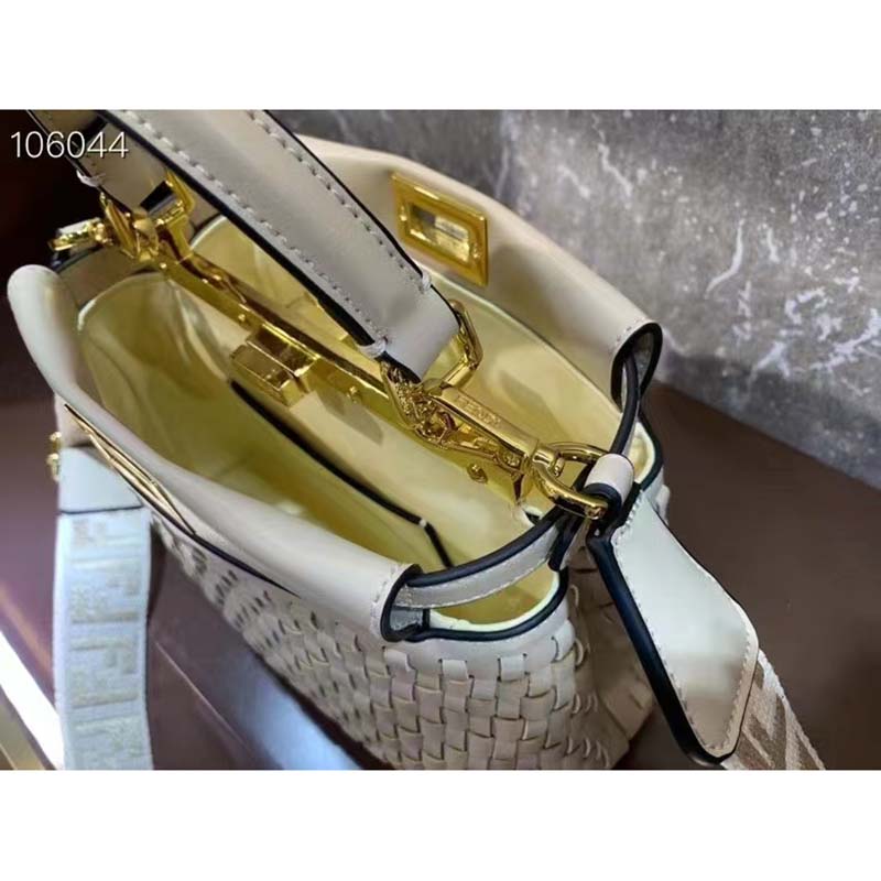 Fendi FF Women Peekaboo Mini Bag Beige Braided Calfskin Leather Bag