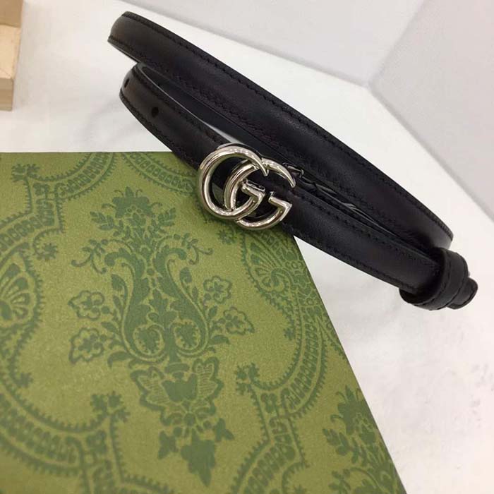 Gucci Unisex GG Thin Belt Belt Black Leather Double G Buckle 1.3 CM Width
