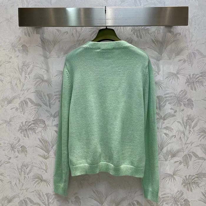 Gucci Women GG Fine Cashmere Cardigan Interlocking G Light Green Crewneck Long Sleeves