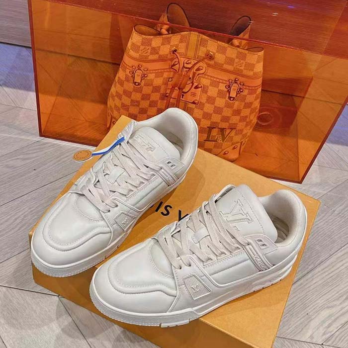 Louis Vuitton Unisex LV Trainer Sneaker Beige Calf Leather Rubber Outsole Monogram Flower