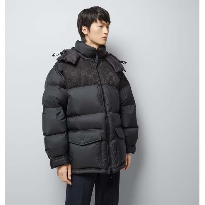 Gucci Men Nylon Down Jacket GG Inserts Feather Padding Lined High Neck Velcro Cuffs