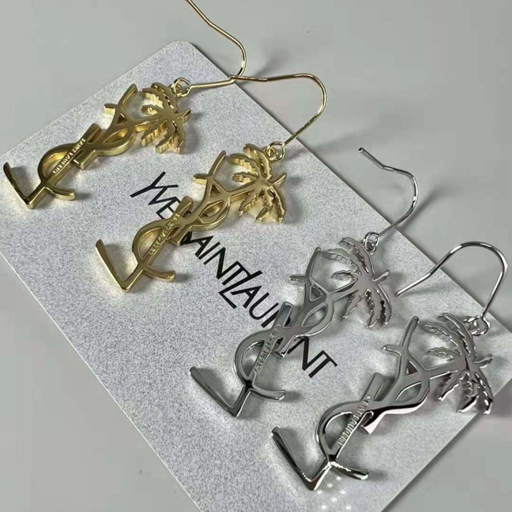 Saint Laurent YSL Women Monogram Palm Earrings in Metal-Silver