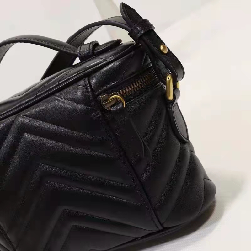 Gucci Unisex GG Marmont Mini Bag Black Chevron Matelassé Leather Double G
