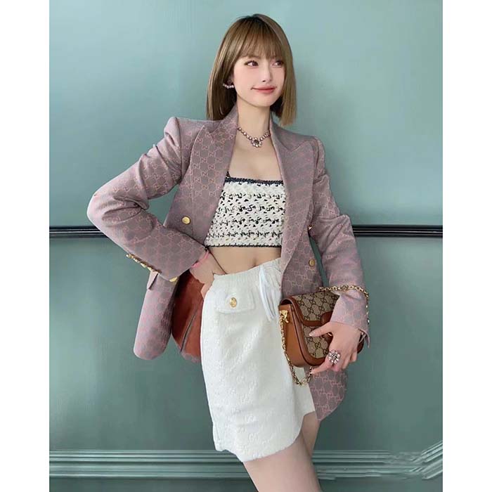 Gucci Women GG Cotton Canvas Jacket Grey Pink Lined Point Revers Double Breasted Fitted Waist