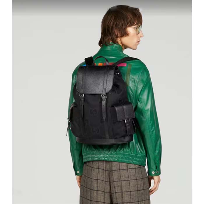 Gucci Unisex Jumbo GG Backpack Black Canvas Leather Cotton Linen