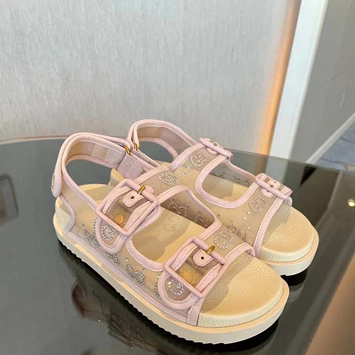 Gucci Women GG Sandal Crystals Rose Beige Mesh Tonal Suede Rubber Sole Flat