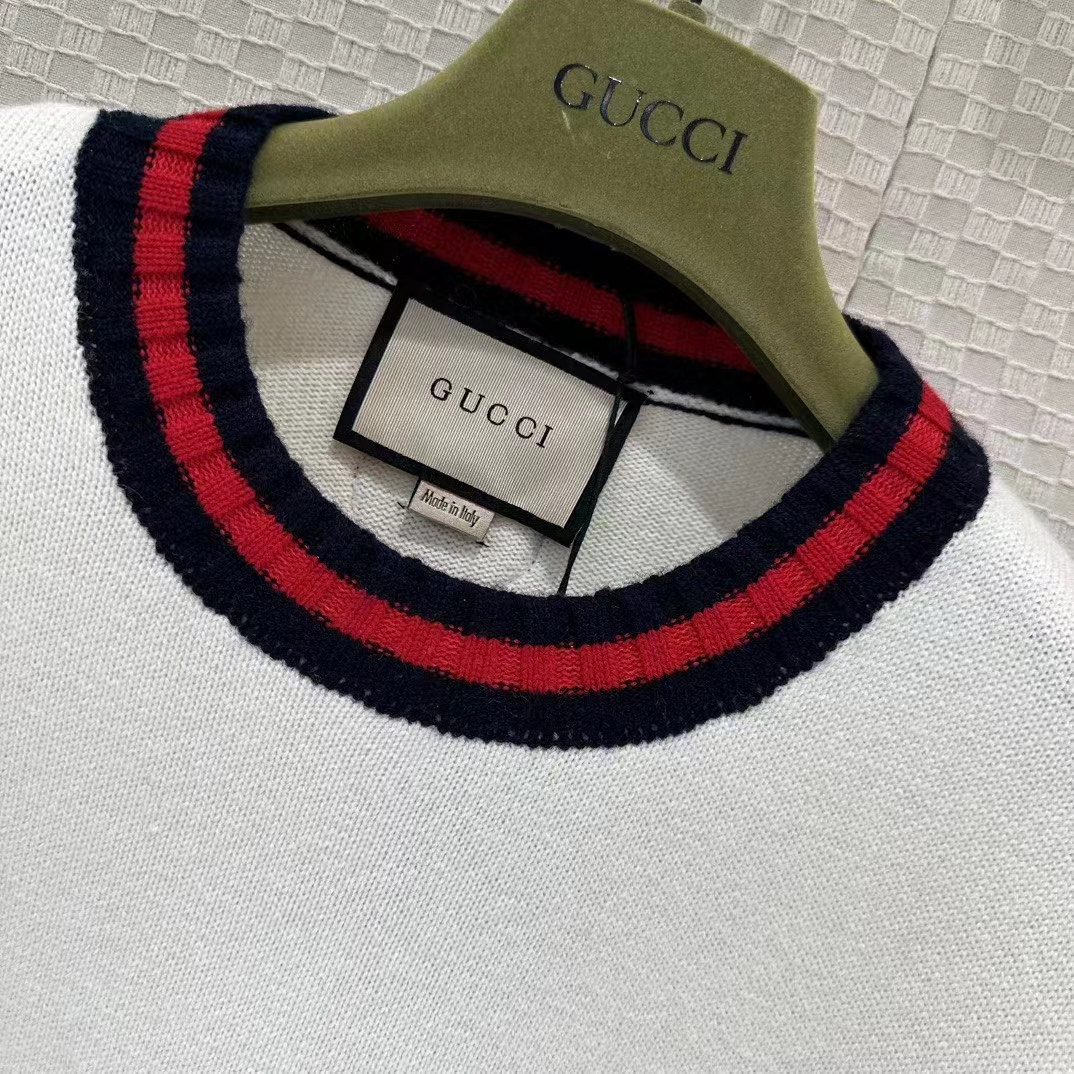 Gucci Women GG Wool Sweater Interlocking G Crewneck Web Stripe Wide Armhole Sleeveless