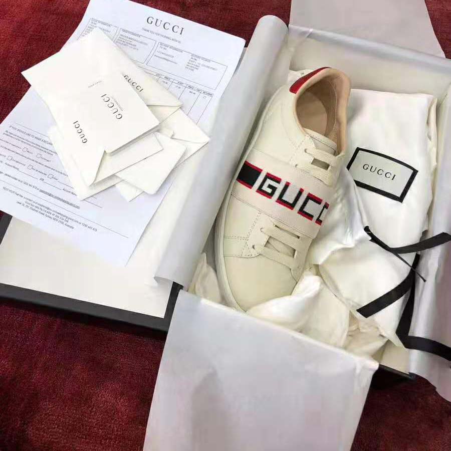 Gucci Unisex Ace Sneaker with Gucci Stripe in White Leather Rubber Sole