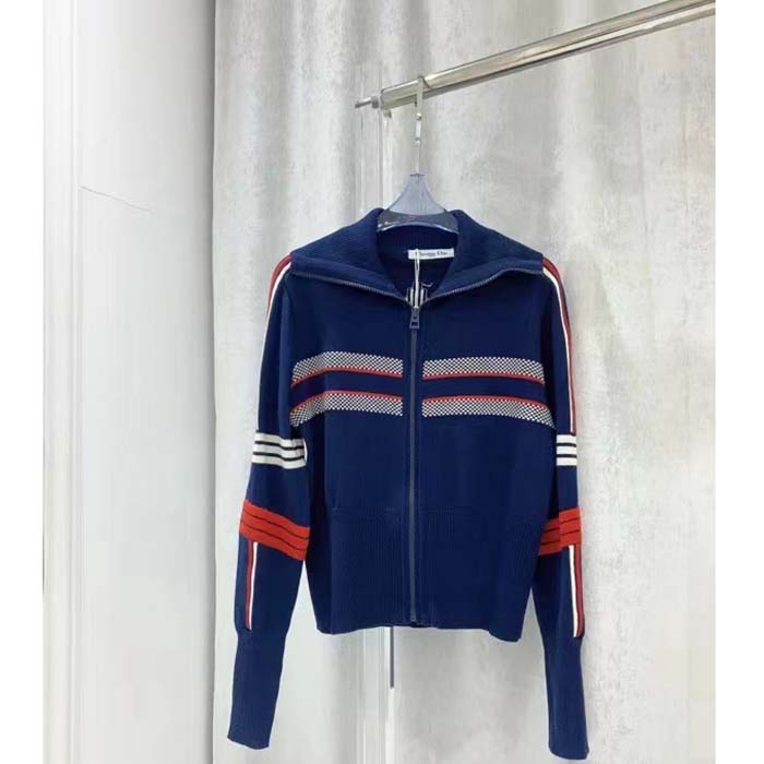 Dior Men CD DiorAlps Short High-Collar Cardigan Navy Blue Three-Tone Wool Cashmere Knit