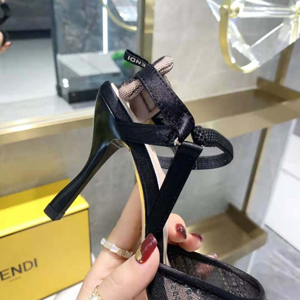 Fendi Women Colibri Black Mesh High-Heeled Slingbacks with Rhinestone Embroidery