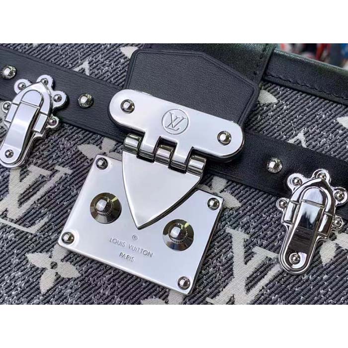 Louis Vuitton LV Women Petite Malle Handbag Gray Denim Textile Jacquard