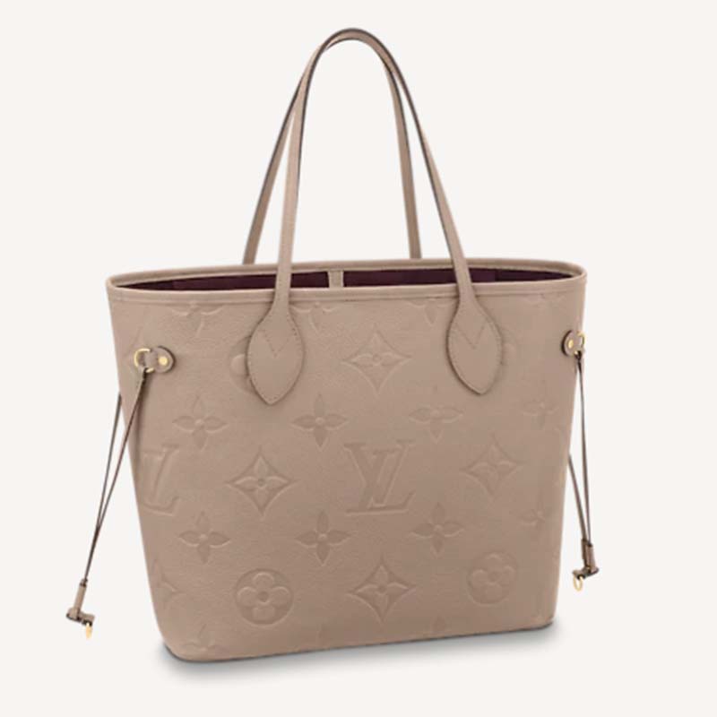 Louis Vuitton LV Women Neverfull MM Tote Tourterelle Gray Embossed Cowhide Leather