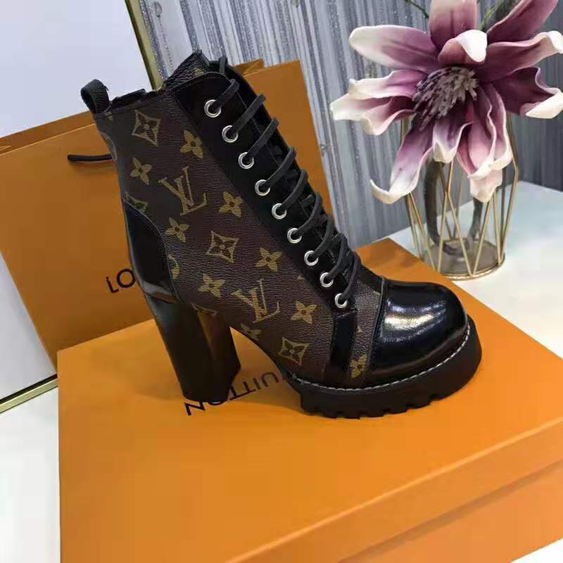 Louis Vuitton LV Women Star Trail Ankle Boot in Black Calf Leather with Monogram Canvas-Brown