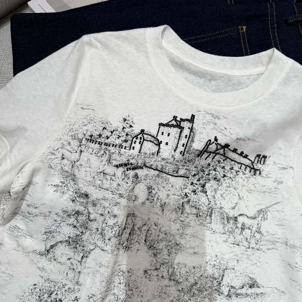 Dior Men T-Shirt White Cotton and Linen Jersey with Black Toile de Jouy Scotland Motif