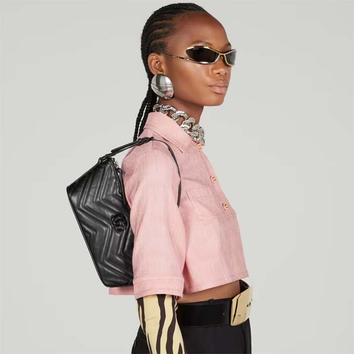 Gucci Women GG Marmont Shoulder Bag Black Matelassé Chevron Leather