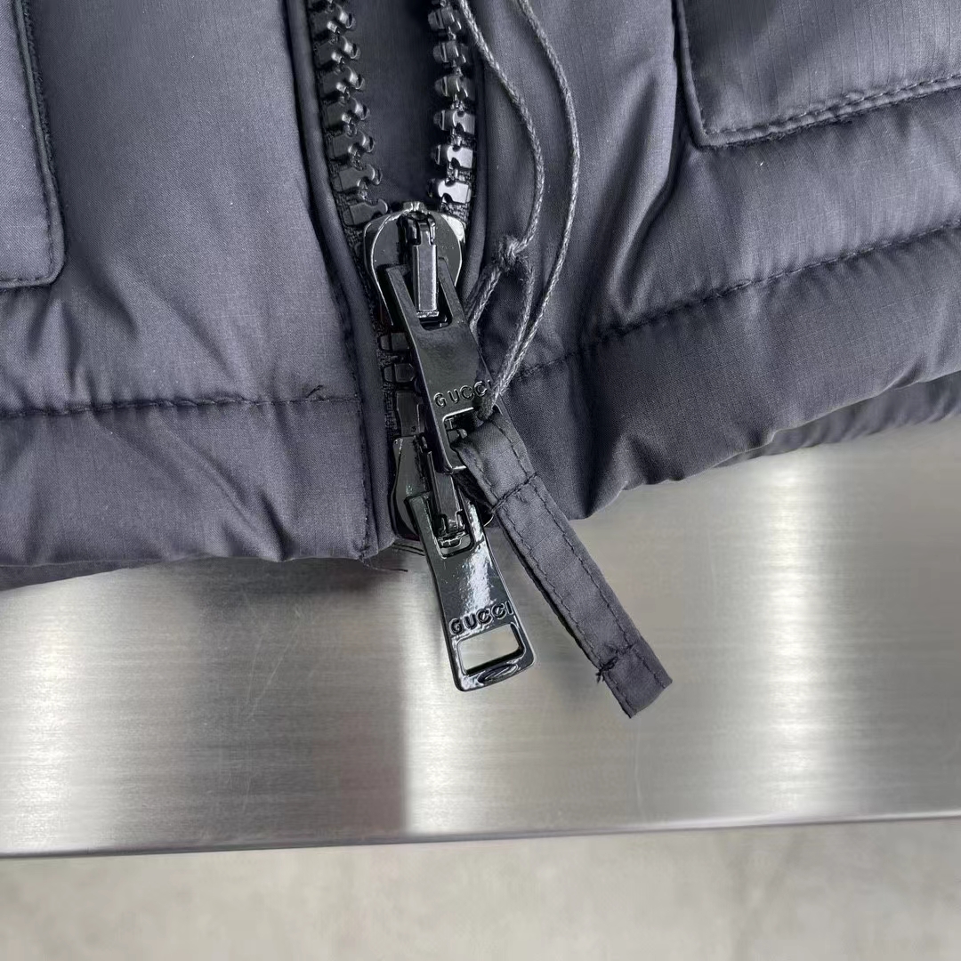 Gucci Women Nylon Down Jacket GG Iserts Black Canvas High Neck Velcro Cuffs Zip Closure