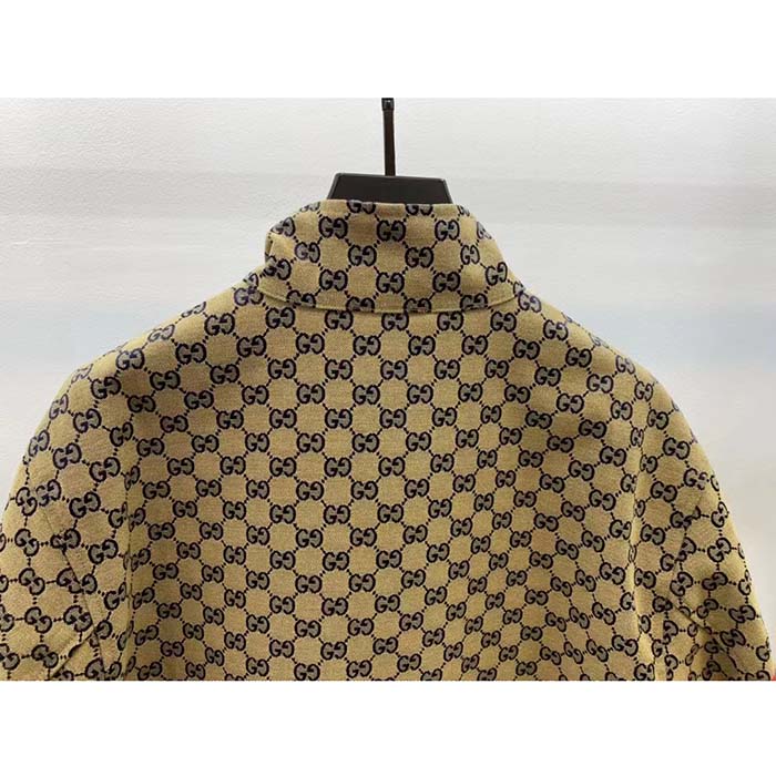 Gucci Women GG Cotton Canvas Zip Jacket Beige Blue Leather Lined Stand Collar Buttons