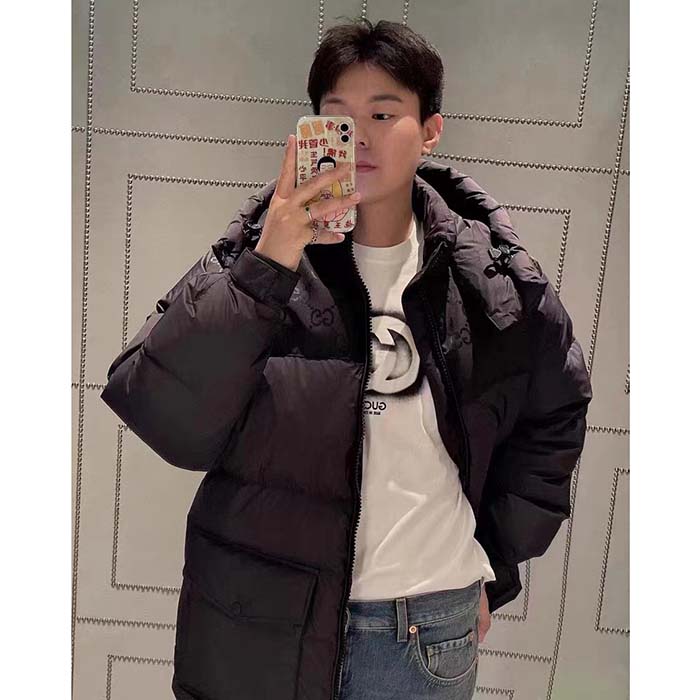 Gucci Men Nylon Down Jacket GG Iserts Black Canvas High Neck Velcro Cuffs Zip Closure