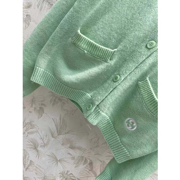 Gucci Women GG Fine Cashmere Cardigan Interlocking G Light Green Crewneck Long Sleeves