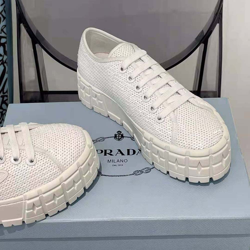 Prada Women Double Wheel Sequin Sneakers-White