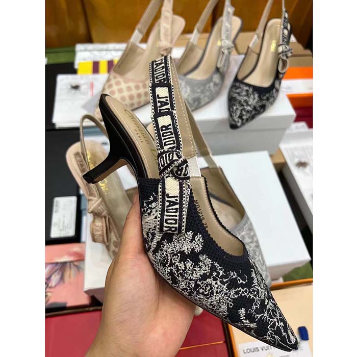 Dior Women CD J’Adior Slingback Pump Black Gold-Tone Velvet Embroidered Jardin D’Hiver