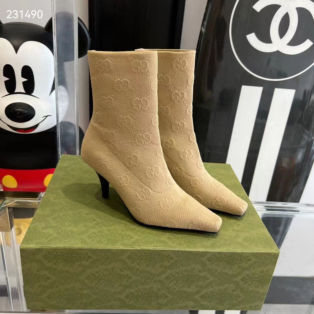 Gucci Women GG Knit Ankle Boots Beige GG Technical Knit Fabric Square Toe Leather Mid-Heel