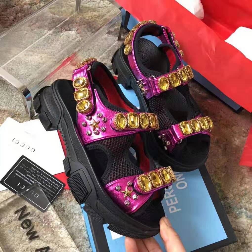 Gucci Women Metallic Leather Sandal with Crystals-Rose