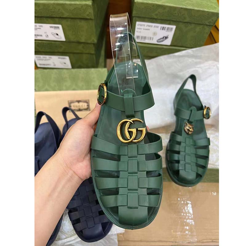 Gucci Unisex GG Sandal Double G Transparent Emerald Green Rubber Flat