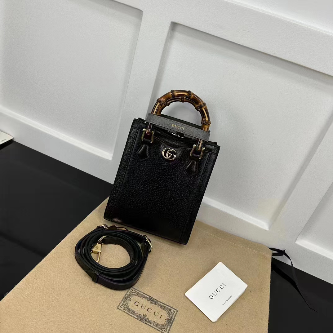Gucci GG Women Gucci Diana Mini Tote Bag Double G Black Leather