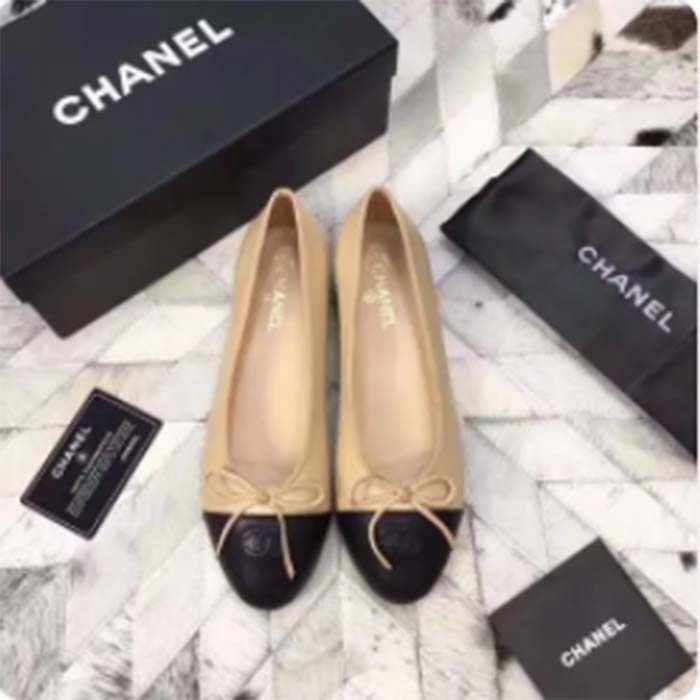 Chanel Women Ballerina Calfskin Leather Sandy Black Ballet Shoes